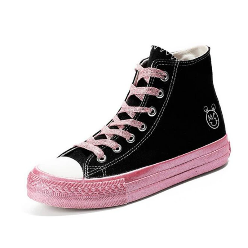 

2019 Casual Flats High Top Canvas Walking Shoes Retro Woman Student Lace Up Vulcanized femme Sneakers Cute Board Shoes Spring