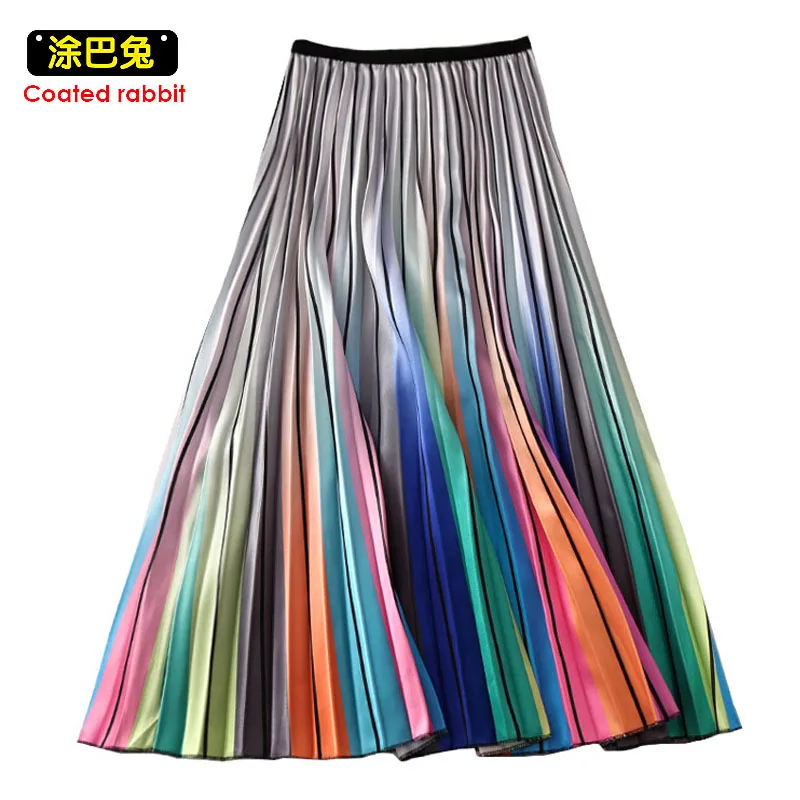 

CR Woman High Waist Pleated Skirt Spring Summer Rainbow Skirts Lady Elastic Waist A Line Midi Skirt Mid Calf Long Skirts