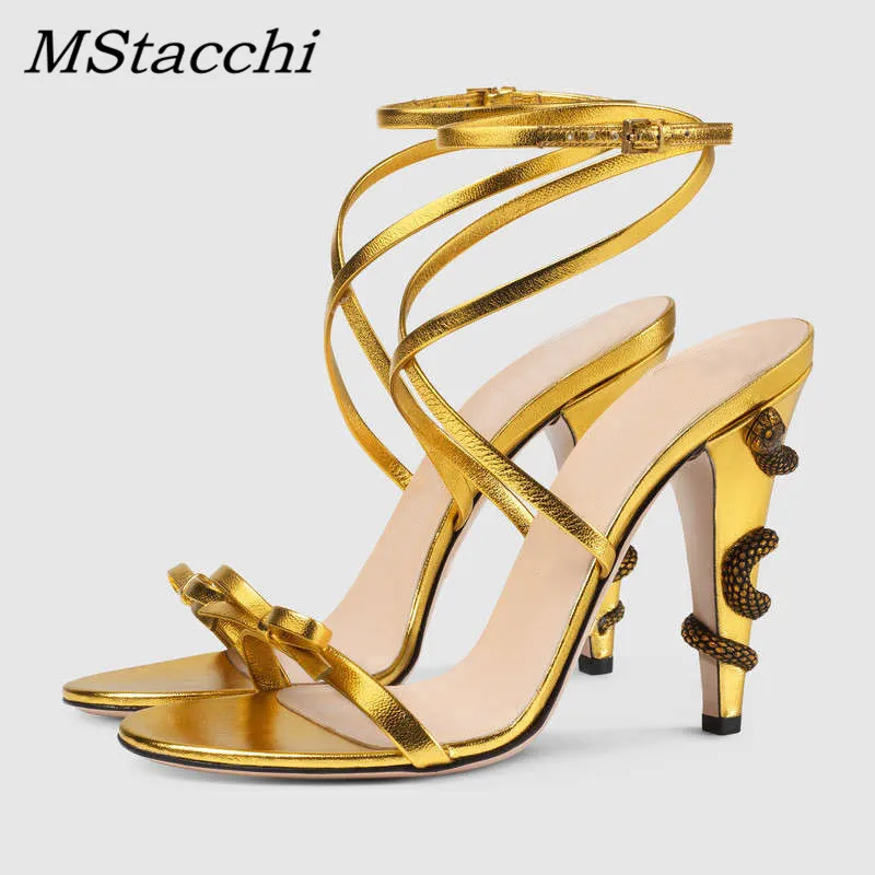 

MStacchi Gold Metal Snake Around Heel Sandals Women Bowknot High Heels Summer Party Shoes Ankle Strap Slingback Sandalias Mujer