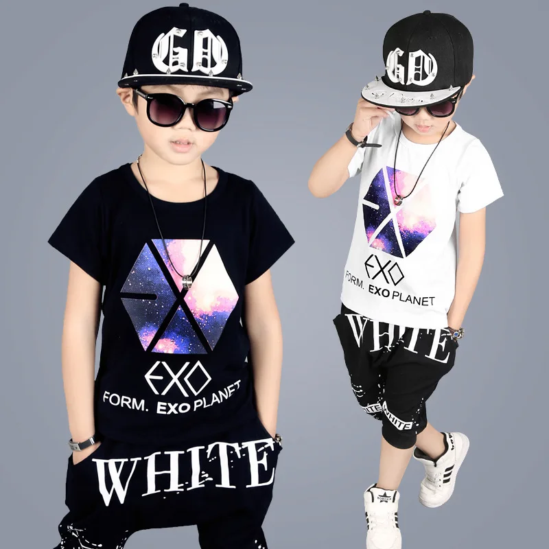 

2019 Summer Wear Hip Hop Suit Boy Clothes Children Cool Short Sleeve Pattern Letter Print Round NeckT-shirt+Haren Pants