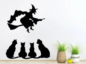 

Wall Decal Halloween Vinyl Sticker Decals Witch On A Broomstick Cats Decor