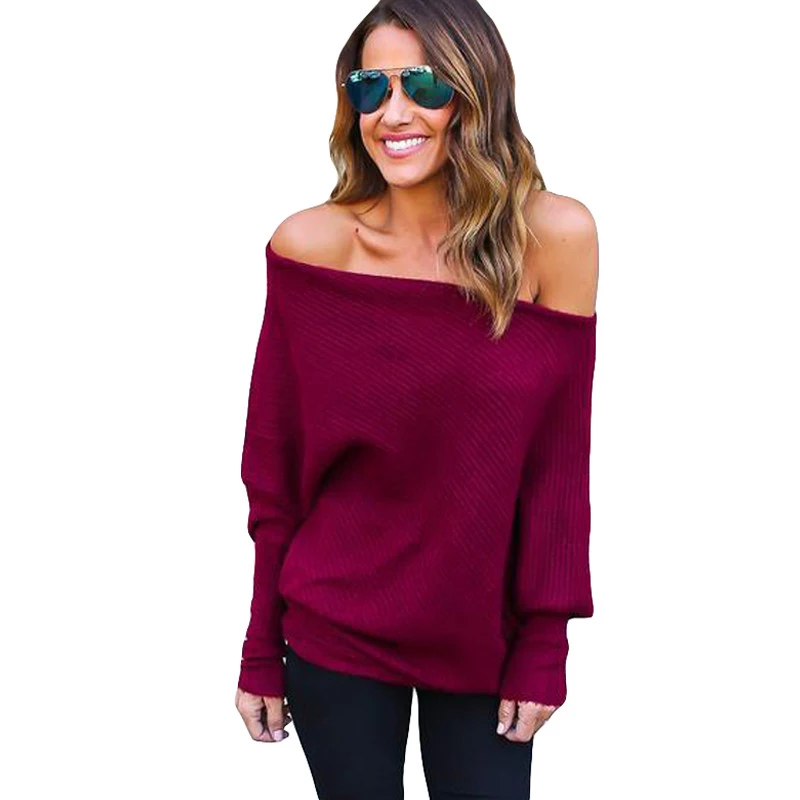 

2019 Autumn Knit T-shirts for Women Ladies Sexy Slash Neck tshirts Solid Batwing Sleeve Blusas Red Casual Loose Plus Size Tops