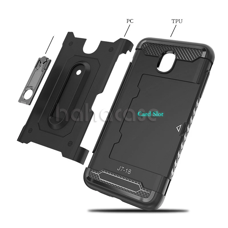 Sale 500pcs Soft TPU Hard PC With Card Slot Holder Case For Samsung J3 J5 J7 2016 2017 J4 J6 J8 2018 Heavy Duty Metal Kickstand Cover 7