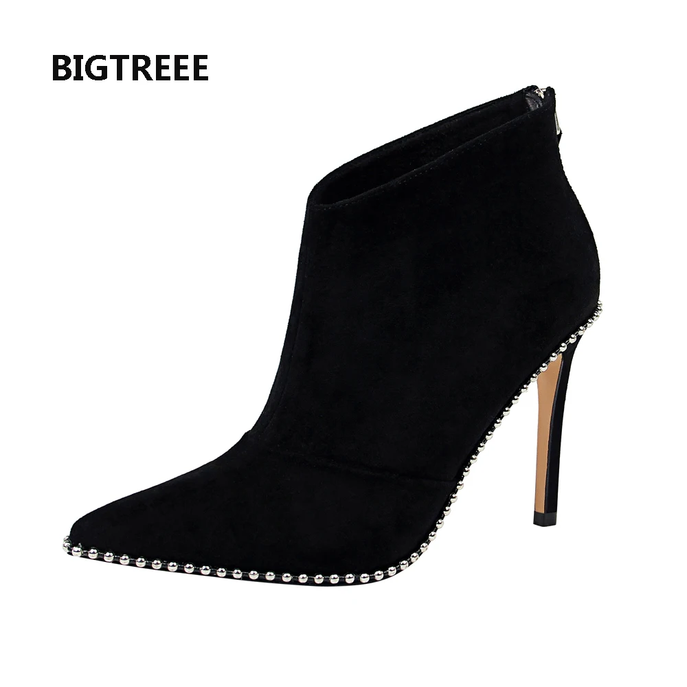 

2018 new designer black matte suede pointed toe stud around the shoes women lady hot sale short ankle boot size 4 34 autumn shoe