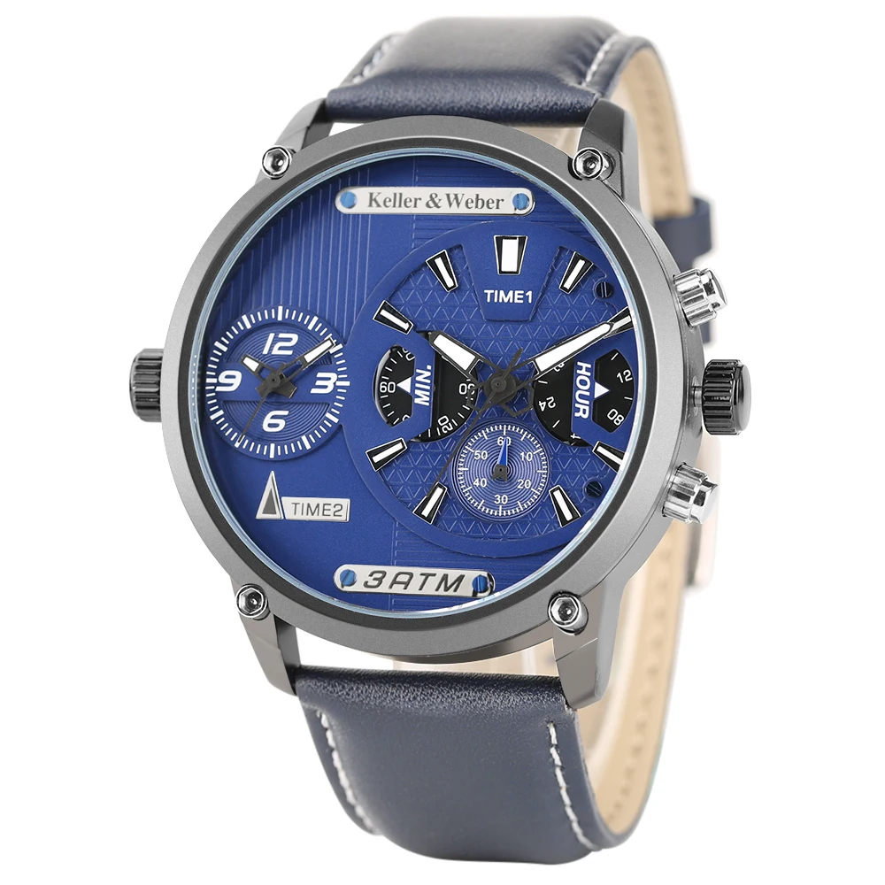 Keller & Weber Business Men's Watches Dual Time Zone Quartz Wrist Watch Genuine Leather Band Male Wirst Clock  (17)