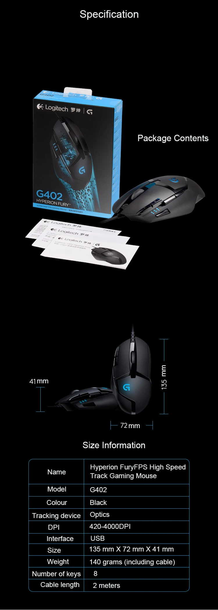 Проводная игровая мышь logitech G402 для геймеров, 4000 точек/дюйм, с подсветкой, оригинальная игровая мышь Mause