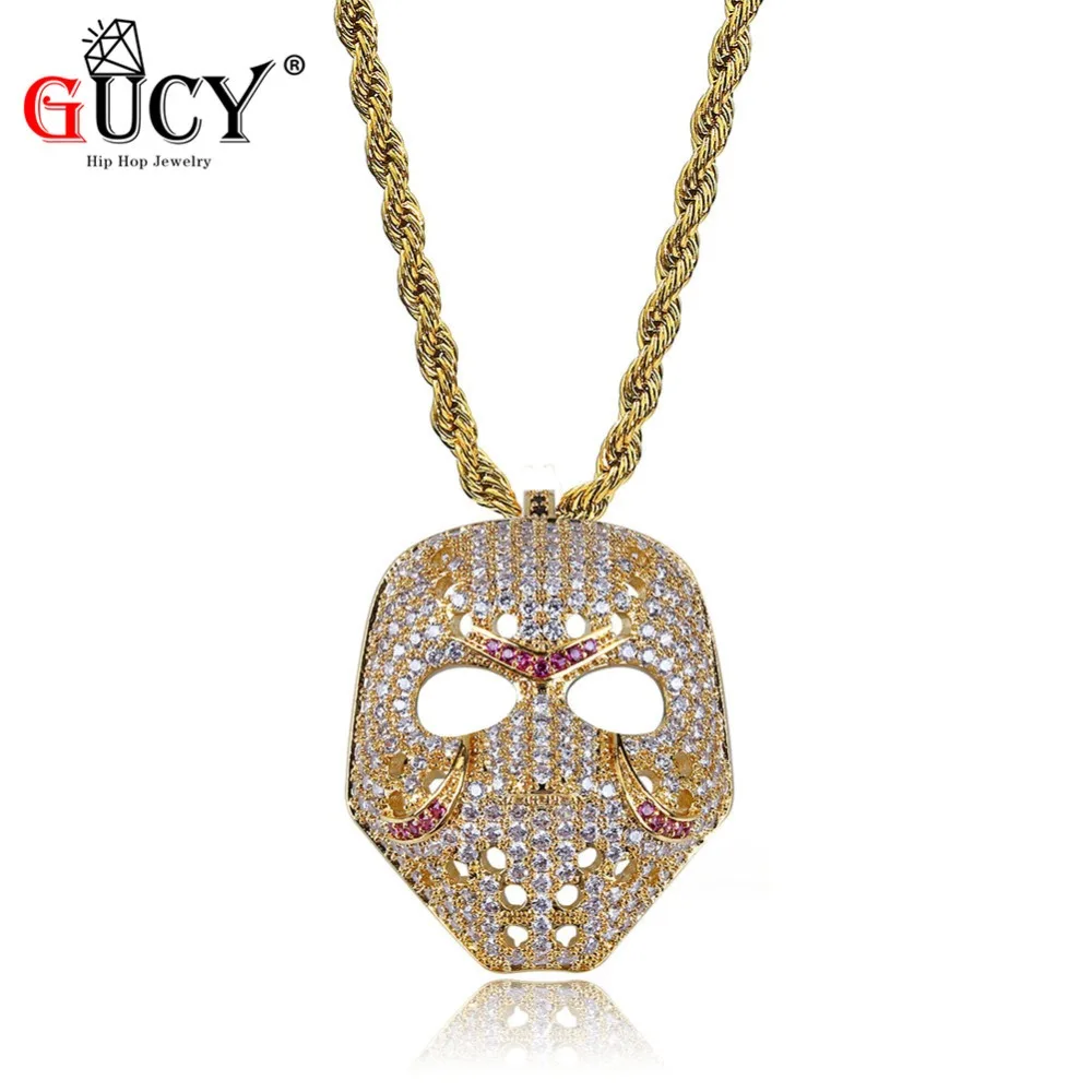 

GUCY Hip Hop Mask Pendant Necklace Copper Gold n Rose Gold Color Plated Micro Pave AAA+ CZ Charm Jewelry For Men Women 24" Chain