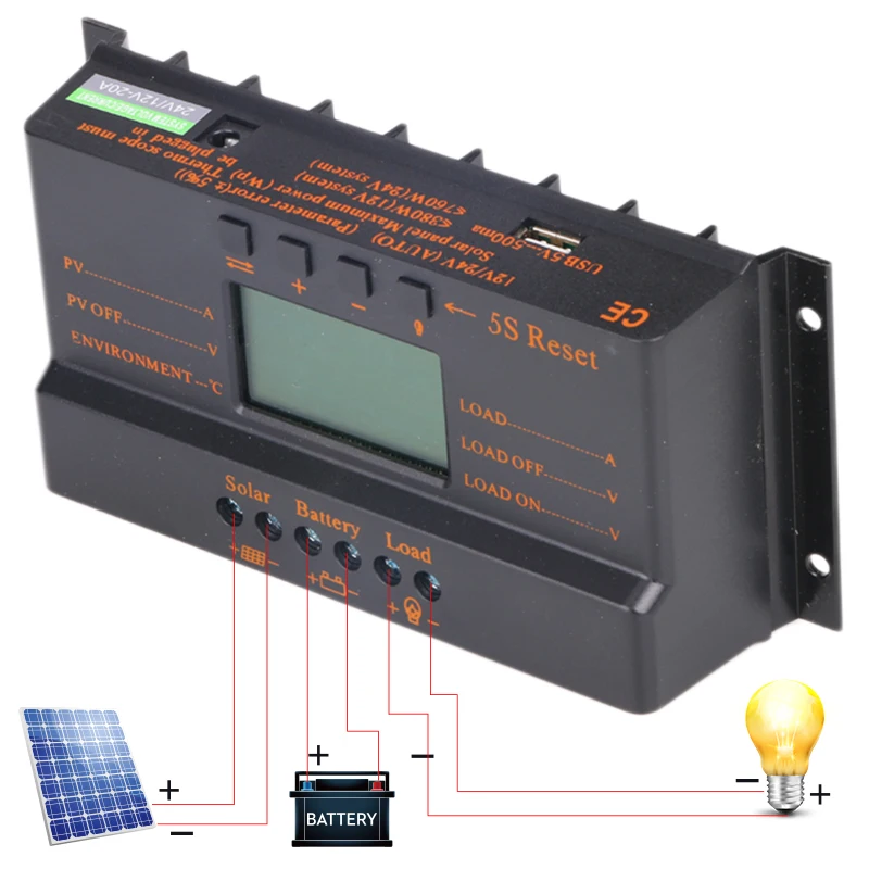 MPPT T20 Солнечный контроллер 20A 12Vdc 24Vdc солнечная панель Батарея регулятор заряда USB 5 в ЖК-дисплей контроллер