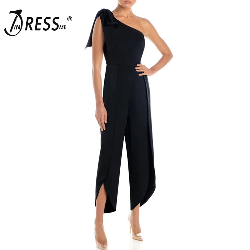 

INDRESSME 2019 New Women Fashion Office Lady Sexy One Shoulder With Bow Backless Slit Long Pants Party Bodycon Casual Jumpsuit