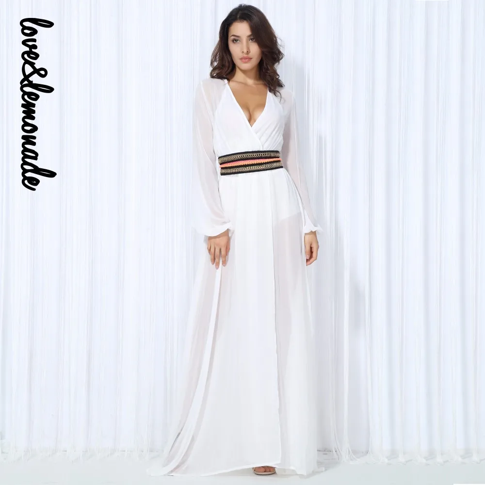 

Love&Lemonade White V-Neck Bohemian Belt Chiffon Long Sleeve Long Dress LM0025