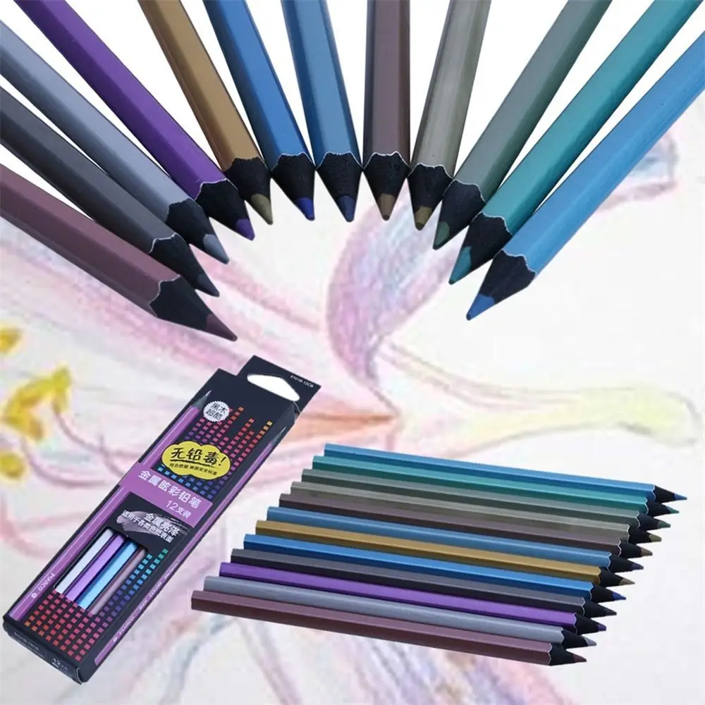 XISAOK 12 Metallic Colored Pencil Non-Toxic for Drawing Sketching Set Stationery