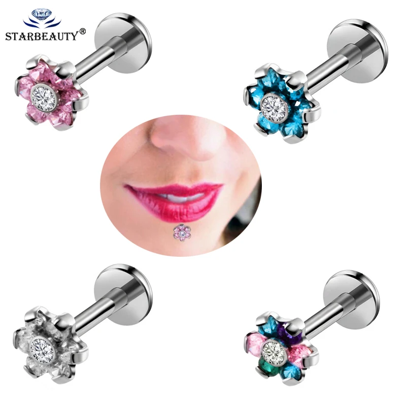 

1PC 1.2*8mm Flower Labret Ring internally threaded CZ Labret Piercing Lip Morne Earrings Stud Cartilage Piercings Body Jewelry