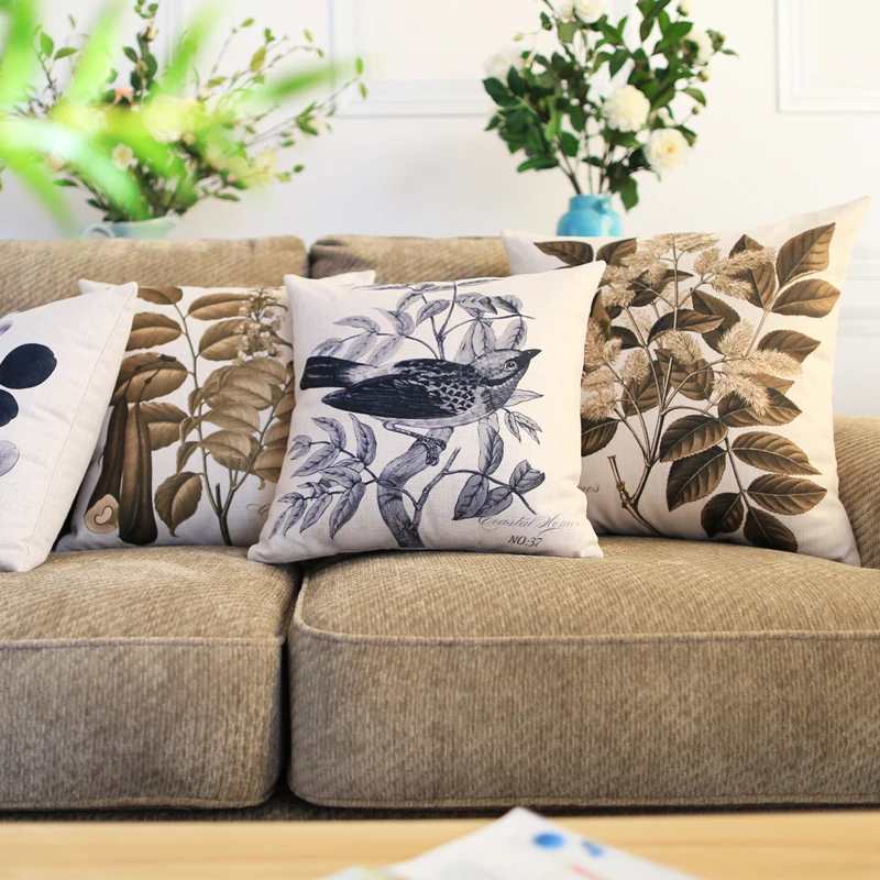 Wholesales Linen Pillow Cover Cushion Cover Vintage Country Birds Leaf