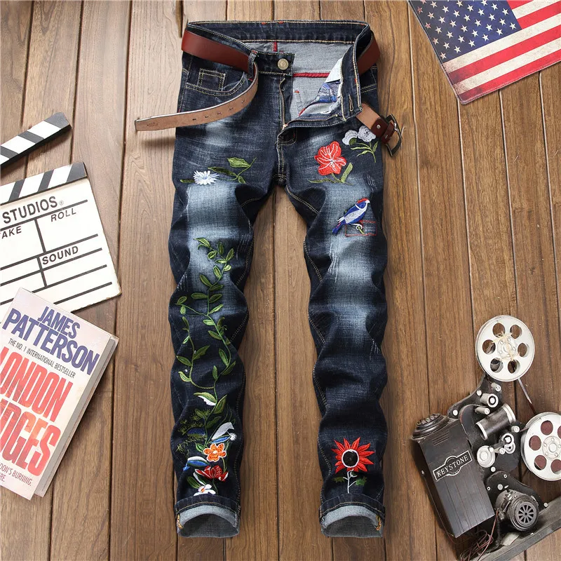 Newsosoo Fashion Hip Hop Men Embroidered Jeans Pants Slim Fit Casual Flower Printed Biker Cotton Denim Jeans Trousers Black Blue (8)
