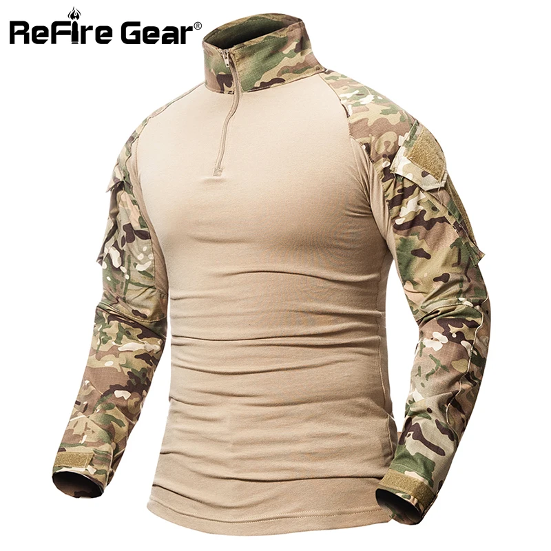 

ReFire Gear Camouflage T-Shirt Military Army Combat T Shirt Men Long Sleeve US RU Soldiers Tactical T Shirt Multicam Camo Tops