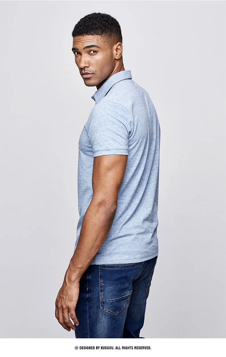 KUEGOU, летняя хлопковая Однотонная синяя рубашка поло, Мужская модная приталенная рубашка с коротким рукавом, мужская повседневная одежда, брендовый Топ 447