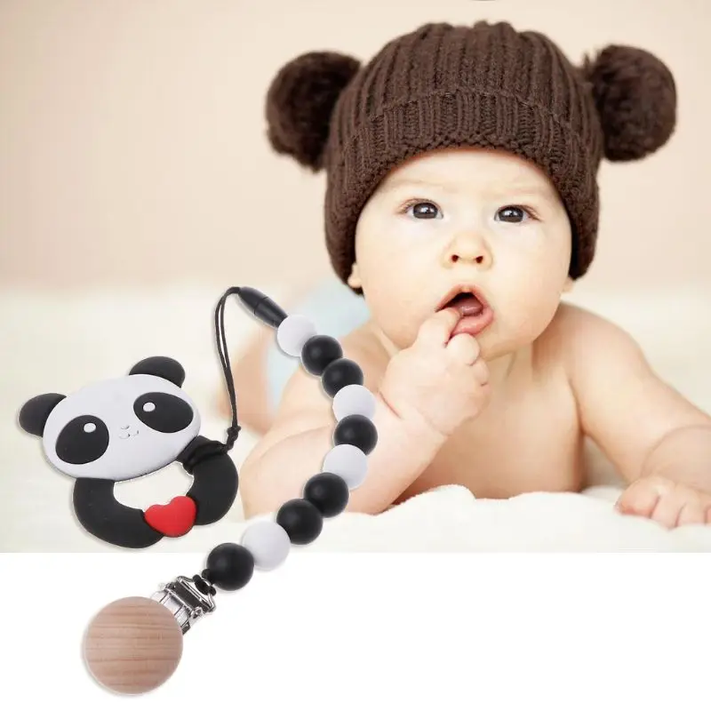 

Baby Teether Ring With Pacifier Chain Clip Panda BPA Free Silicone Teethers Teething Chew Toy Infant Gift