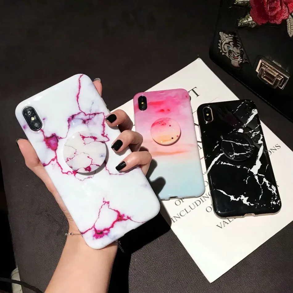 For iPhone X XS Max XR Case Luxury Glossy Marble Veins Cover 7 6 8 Plus Granite Stone Stand Holder Soft TPU Cases |