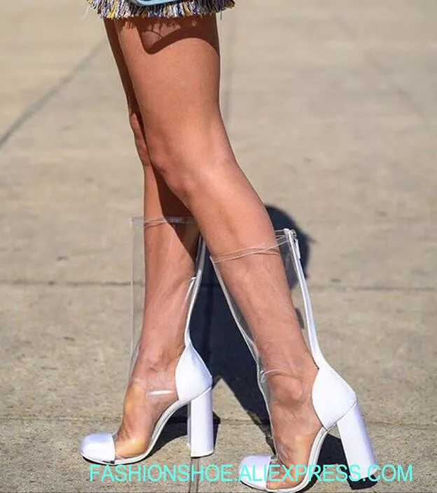 

Super Hot Clear PVC Patchwork Women Square Toe Boots Transparent Chunky Heel Ladies Over The Knee Boots Fashion High Heel Boots