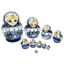 10Pcs/set Hand Painted Blue Wooden Russian Girl Nesting Dolls Babushka Gifts Hand Paint Doll Toys For Children Decoration 5pcs cute wooden dolls animal paint nesting babushka russian dolls children early education birthday matryoshka gift