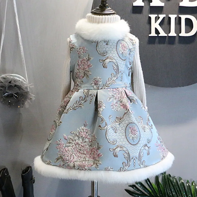 DFXD Winter Girls Dress Lovely Baby Turtleneck Fur Collar Flower Print Sleeveless Vest Dress Warm Dress Princess Girls Costume DFXD Winter Girls Dress Lovely Baby Turtleneck Fur Collar Flower Print Sleeveless Vest Dress Warm Dress Princess Girls Costume