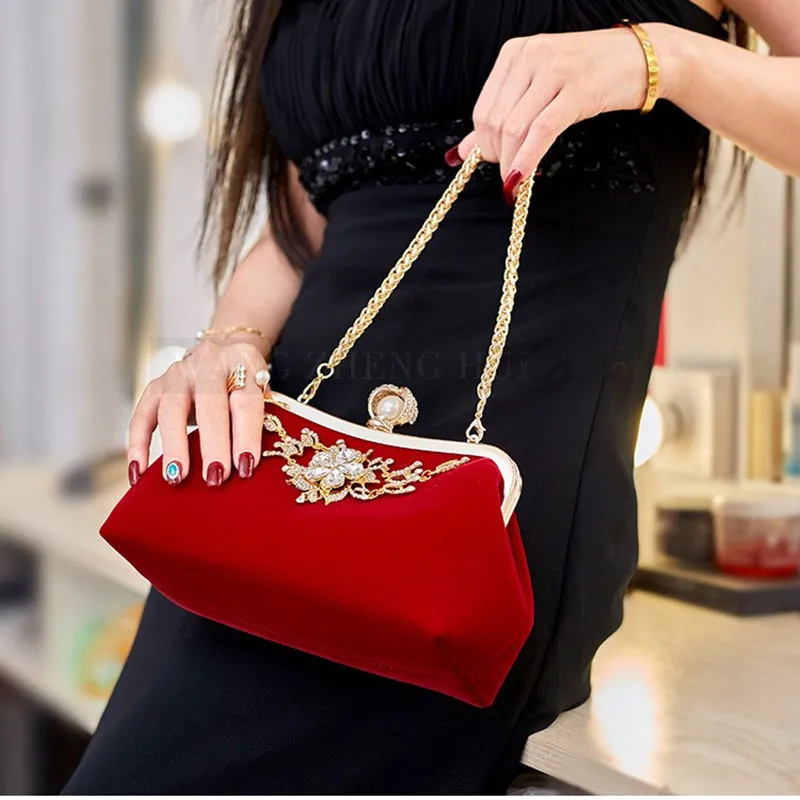 الإناث المخملية أزرار ماسية محفظة خمر كريستال المخملية مساء حقيبة زهرة الزفاف حزب العروس حقيبة صغيرة المخملية محفظة يد