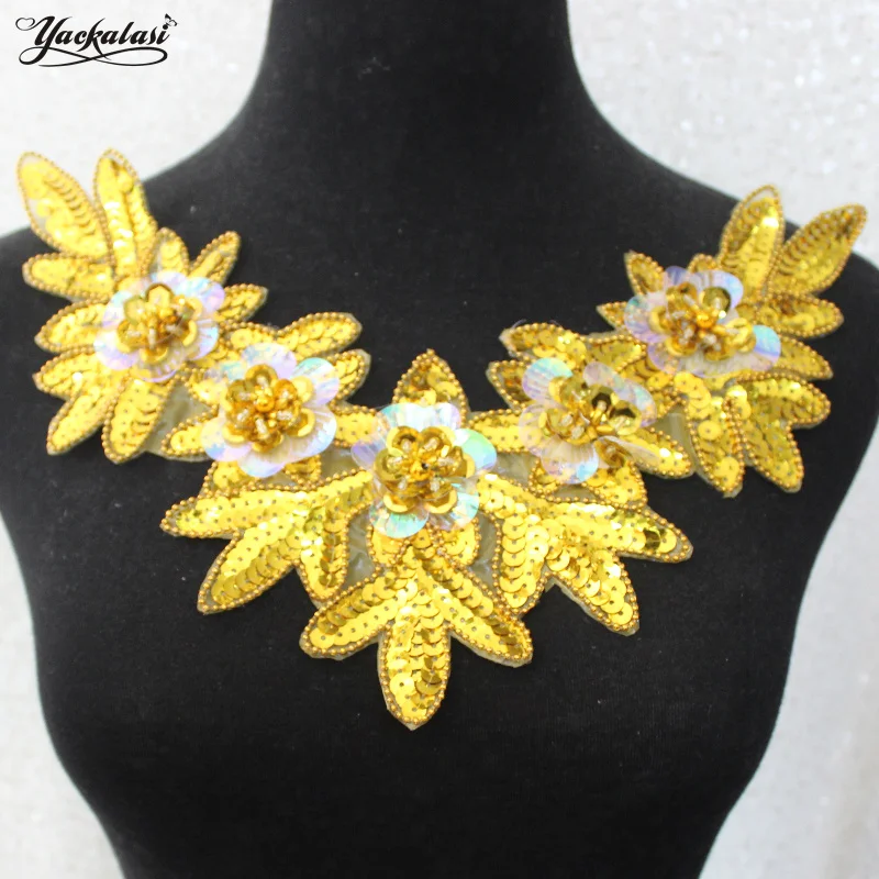 

YACKALASI 5 Pcs/Lot Gold Sequined Flower Lace Collar Appliques Embroidery Beading 3D Patches Costume Accessories V-neck 37*22cm