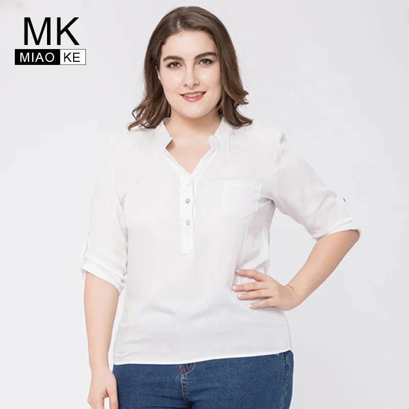 

Miaoke plus size Chiffon White blouse women clothes 2018 summer tops Five points sleeve head V-neck large size 4xl 5xl 6xl