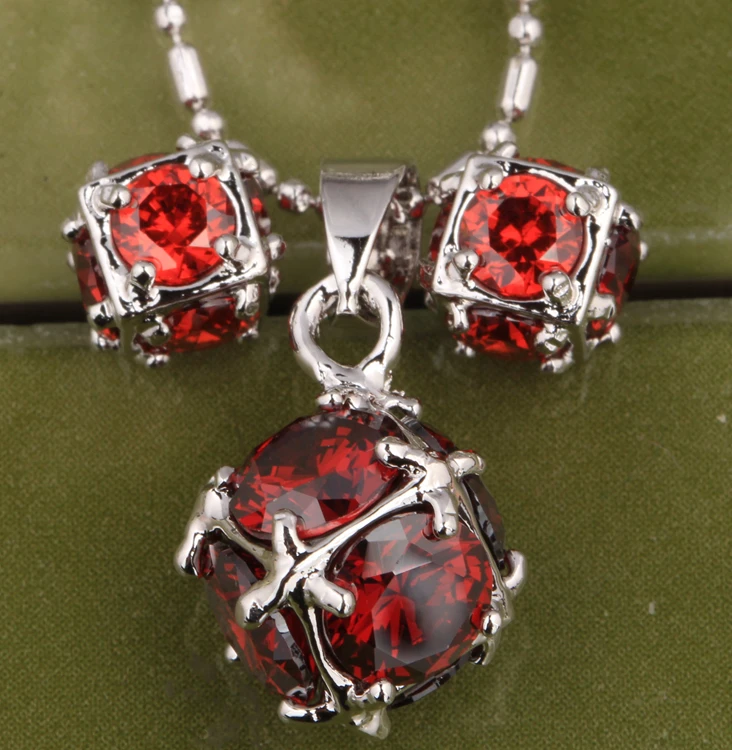 Round Ball Attended By Crowd Wine Red Trendy Garnet 925 Sterling Silver Overlay Jewelry Sets Earrings