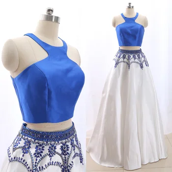 

MACloth White A-Line Halter Floor-Length Long Crystal Satin Prom Dresses Dress M 265896 Clearance