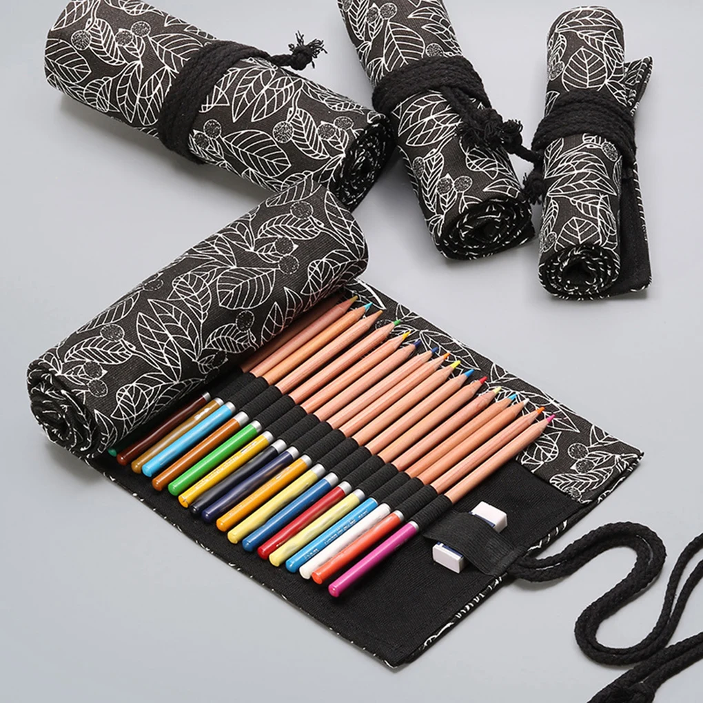 

12/24/36/48/72 Roll Black White Leaves Printed Pattern Roll Up Paint Brush Canvas Case Wrap Sketching Drawing Pen Bag Pouch