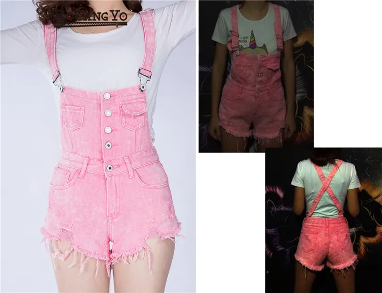 2018 spring new hot cowboy bibs low waisted breasted hole Korean fashion strap shorts female (5)