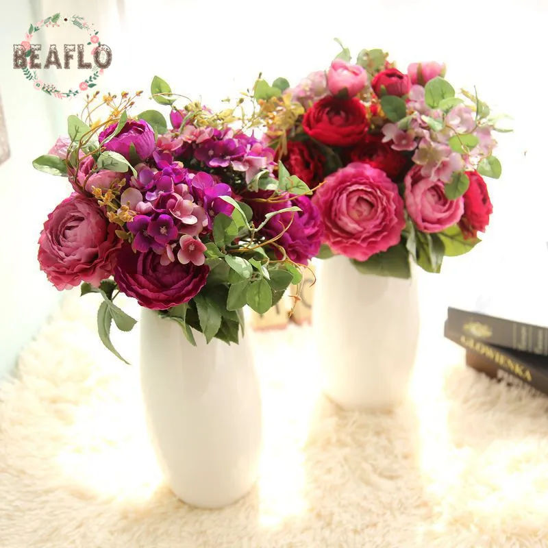 

1Bunch Artifical Flowers Fake Rose Hydrangea With Grass Bouquet Wedding Party Home Decorative 3 Colors