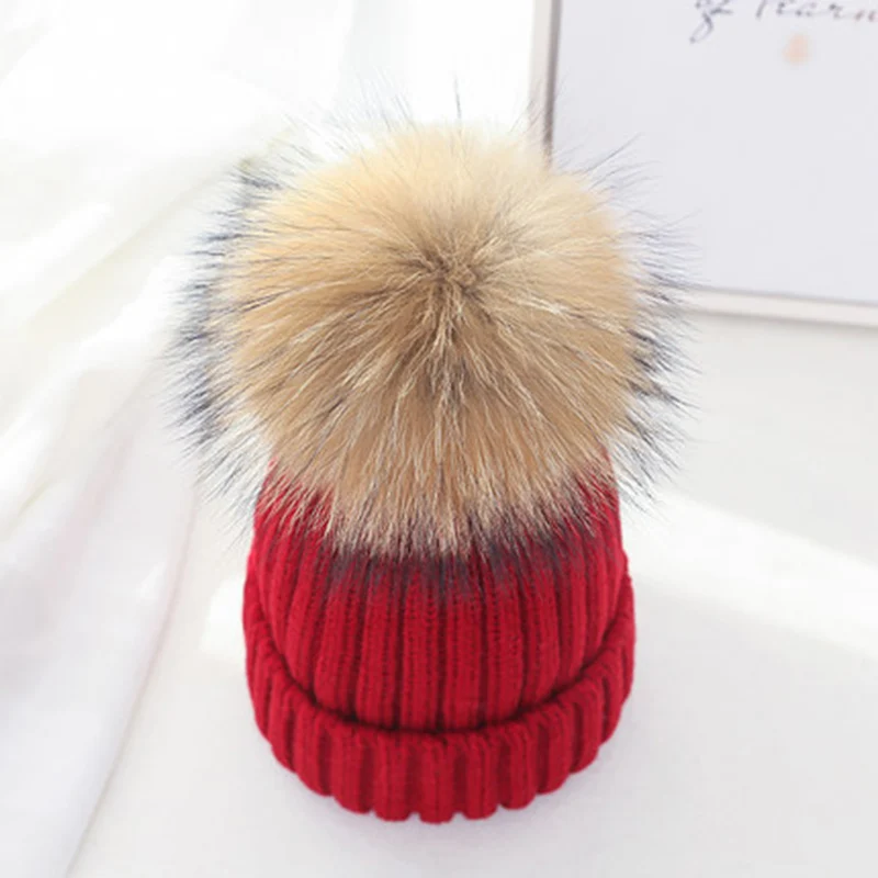 Real Fur Hat Knitted Real fox hair bulb Pom Pom Hat Women Winter Hat Unisex Kids Warm with wool Chunky Thick Stretchy Knit hat