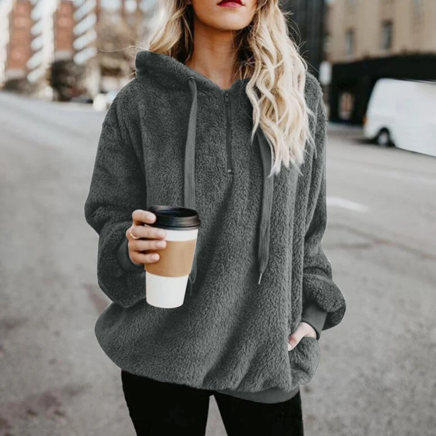 Winter Warm Casual Double Fuzzy 1/4 Zip Sweatshirt Faux Fleece Pocket Long Sleeve Oversize Sherpa Pullover Hoodies Coat Outwear