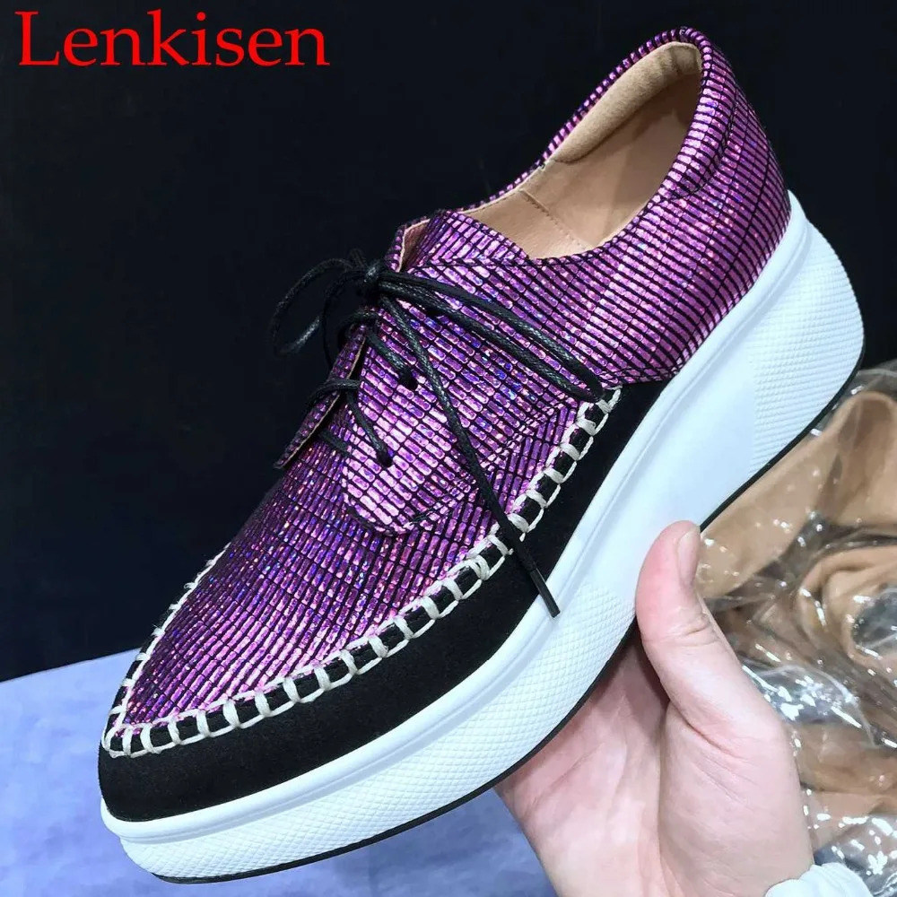 

2019 new design concise sneakers thick high bottom platform pointed toe mixed colors lace up casual shoes vulcanized shoes L7f8