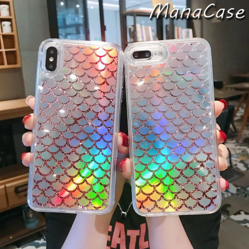 

Lxuruy Fashion Fish Scale laser Liquid Quicksand Phone Case For iPhone X XS MAX XR 6 6s 7 8 Plus TPU Back Cover Cases