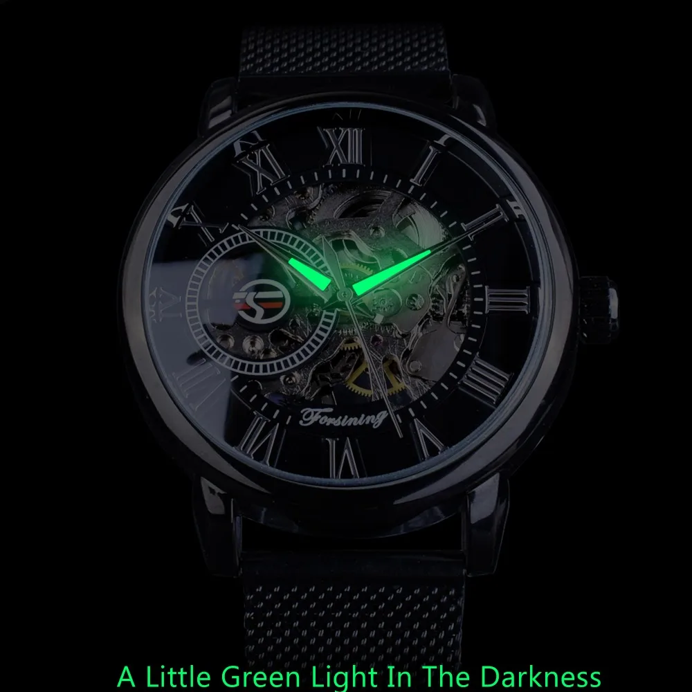 Forsining Retro Fashion Design Skeleton Sport Mechanical Watch Luminous Hands Transparent Mesh Bracelet For Men Luxury