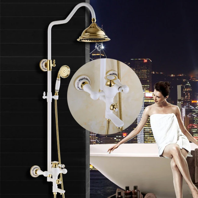 Polished Golden &  Grilled White Paint Shower Bathtub Faucet Wall Mount Bathroom Rainfall Shower Faucet Free Shipping YLS5870-E