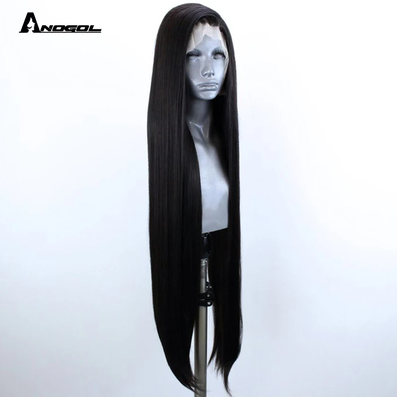 Anogol Высокая температура волокна Glueless натуральный черный длинные прямые волосы синтетические кружева передние волосы парики со средней частью