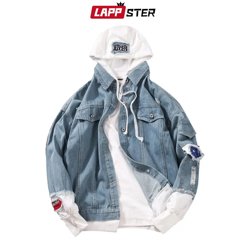 LAPPSTER Blue Bomber Jackets 2019 Men Streetwear Denim Jacket Fake Two Pieces Hip Hop Jeans Jacket Harajuku Hooded Windbreaker LAPPSTER Blue Bomber Jackets 2019 Men Streetwear Denim Jacket Fake Two Pieces Hip Hop Jeans Jacket Harajuku Hooded Windbreaker