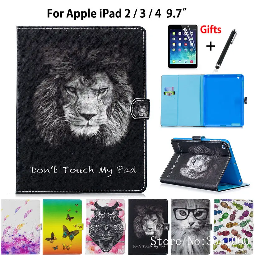 

For Apple iPad 2 3 4 Case Animal Painted Tablet PU Leather Flip Stand Case For iPad2 iPad3 iPad4 Cover Funda Skin Shell+Film+Pen