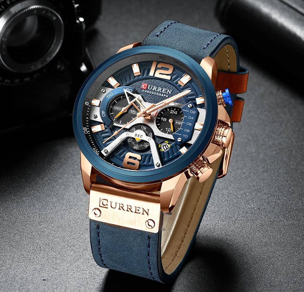 CURREN повседневные спортивные часы для мужчин синий топ бренд Роскошные военные кожаные Наручные часы мужские часы модные наручные часы с хронографом