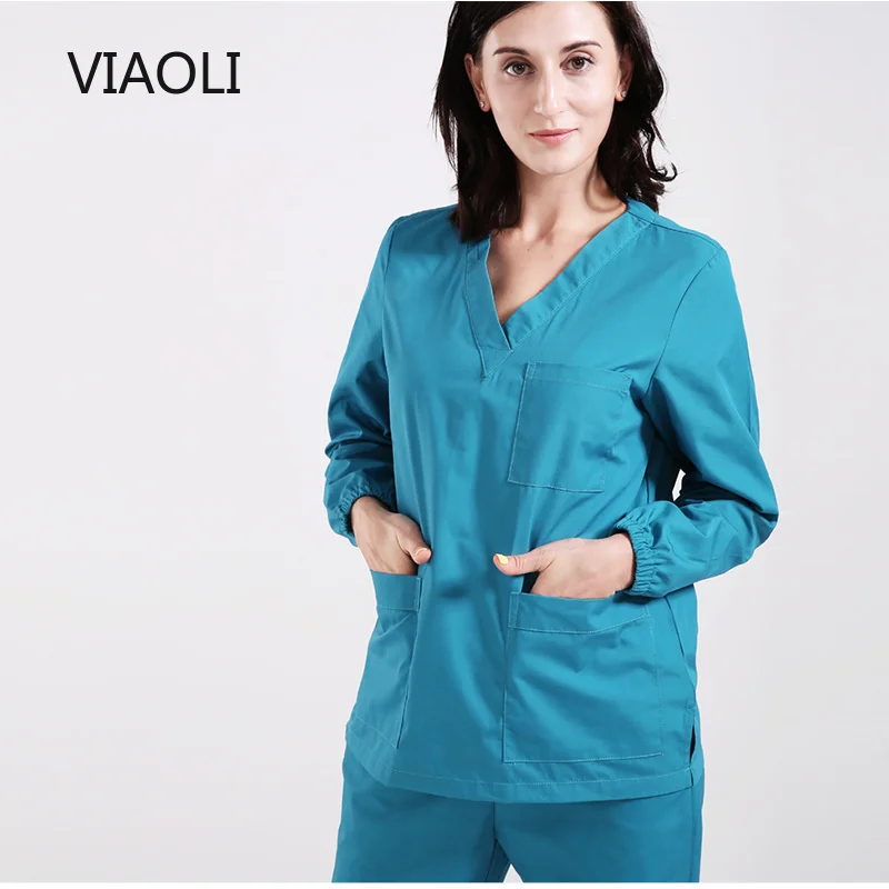 Viaoli медицинской Костюмы на каждый день комплект Для женщин с длинным рукавом хирургический халат доктор одежда Красота Салон спецодежды униформа для сотрудниц спа-салонов - Цвет: blue