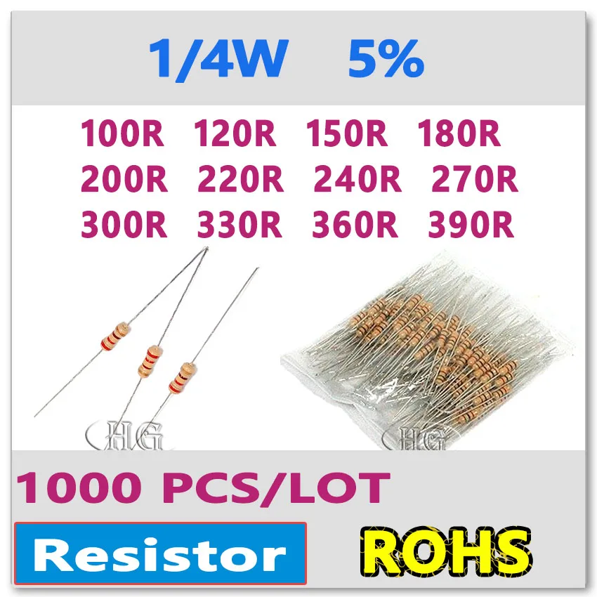 JASNPROSMA 1000 шт. 5% 1/4 Вт 100R 120R 150R 180R 200R 220R 240R 270R 300R 330R 360R 390R карбоновая пленка DIP OHM