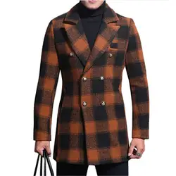 2018 осень-зима двубортный плед Шерстяное пальто Для мужчин длинные Длина Повседневное Стиль Slim Fit Модные оранжевые плед шерстяное пальто