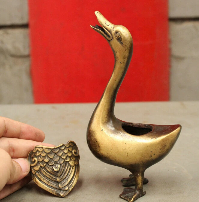 

6" Chinese Pure Bronze Auspicious Bird Cygnus Swan Statue Incense Burner Censer