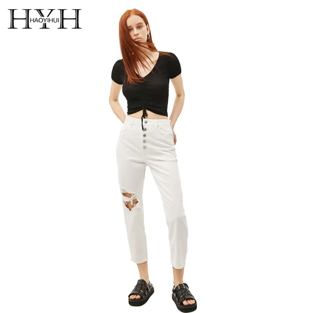

HYH Haoyihui Youth College Machine Midriff Knitting Femme Simple V-neck Summer Stylish Contracted Pleated Short Sweater