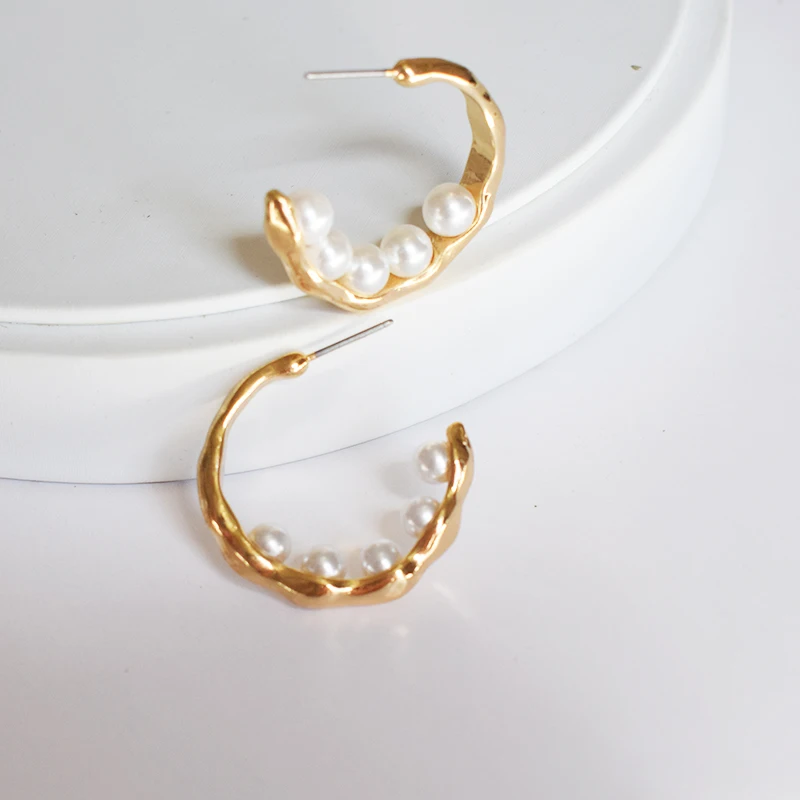 

New Fashion Silver Gold Big Open Round C Statement Earrings for Women Korean Geometric Circle Pearl Earrings Ladies Gifts