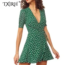 TXJRH 2019 Vintage Cruz cuello pico blanco flor verde vestido de envoltura corta con lazo cintura Split Slim Fit mujeres vestido de té de manga corta